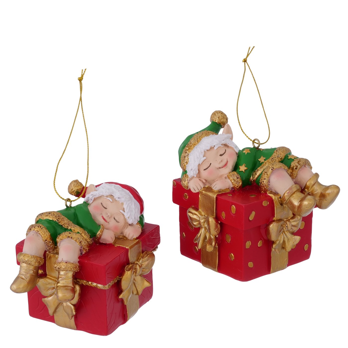 Christmas decorations Holly set of 2 elf and gift hand-painted gold green red