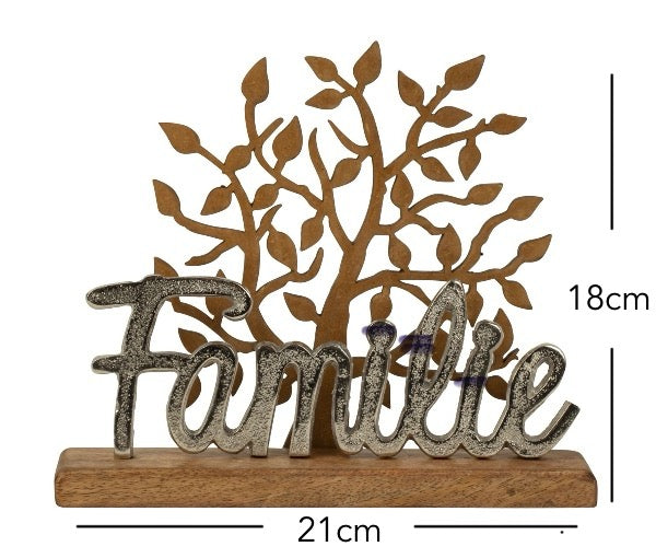 Lebensbaum Dekoration mit “Familie” Alu Schriftzug auf Holzsockel - Elegante Wohnkultur B 21,5 cm