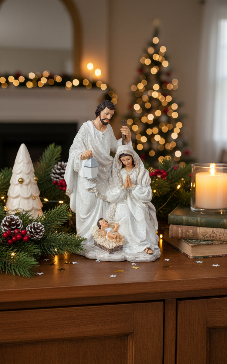 Holy Family Celestia Nativity Figure White Gold Glitter 33cm Polyresin