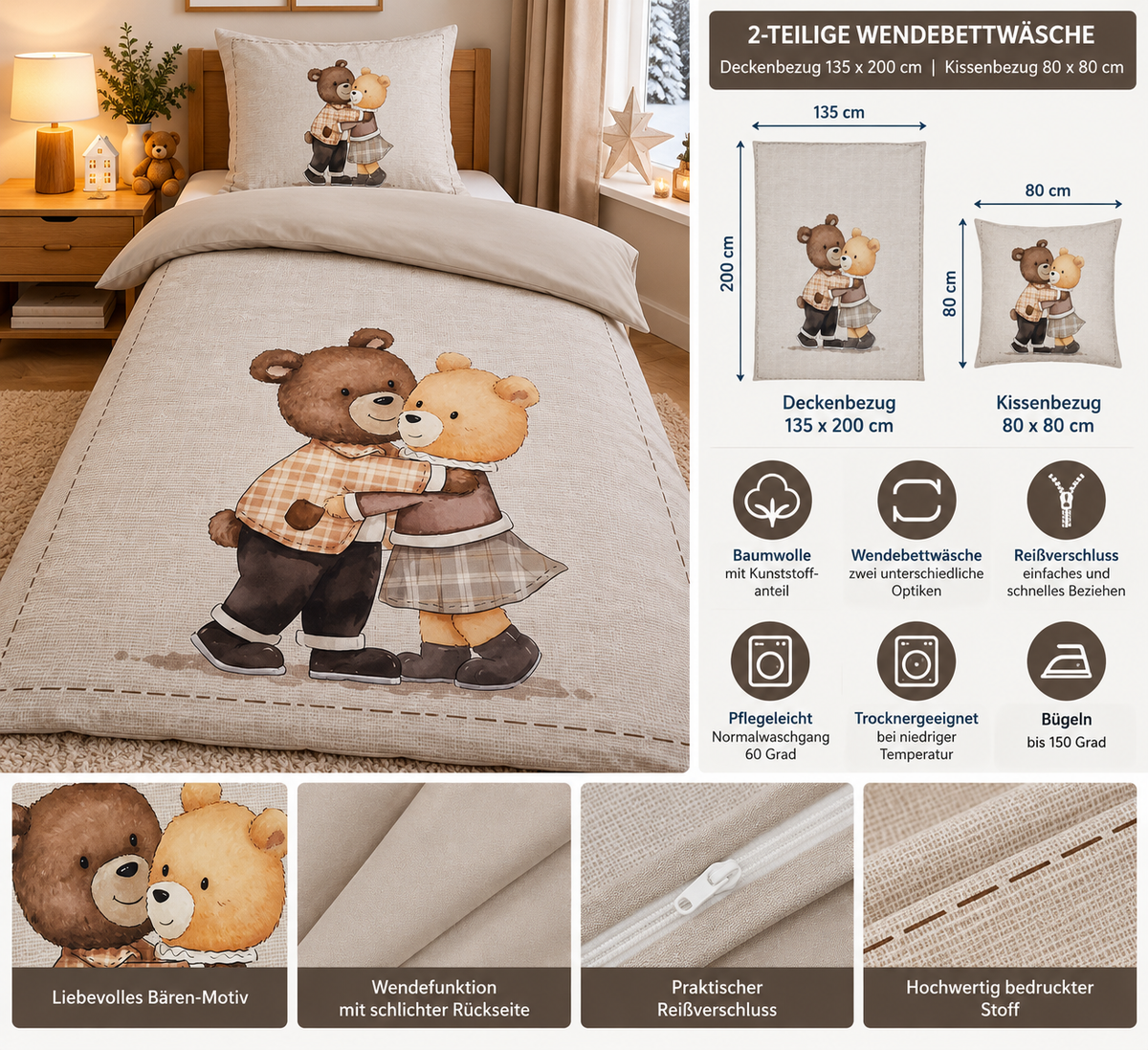 Henry knuffelbeer omkeerbaar beddengoed 135x200 beer design beige katoenmix