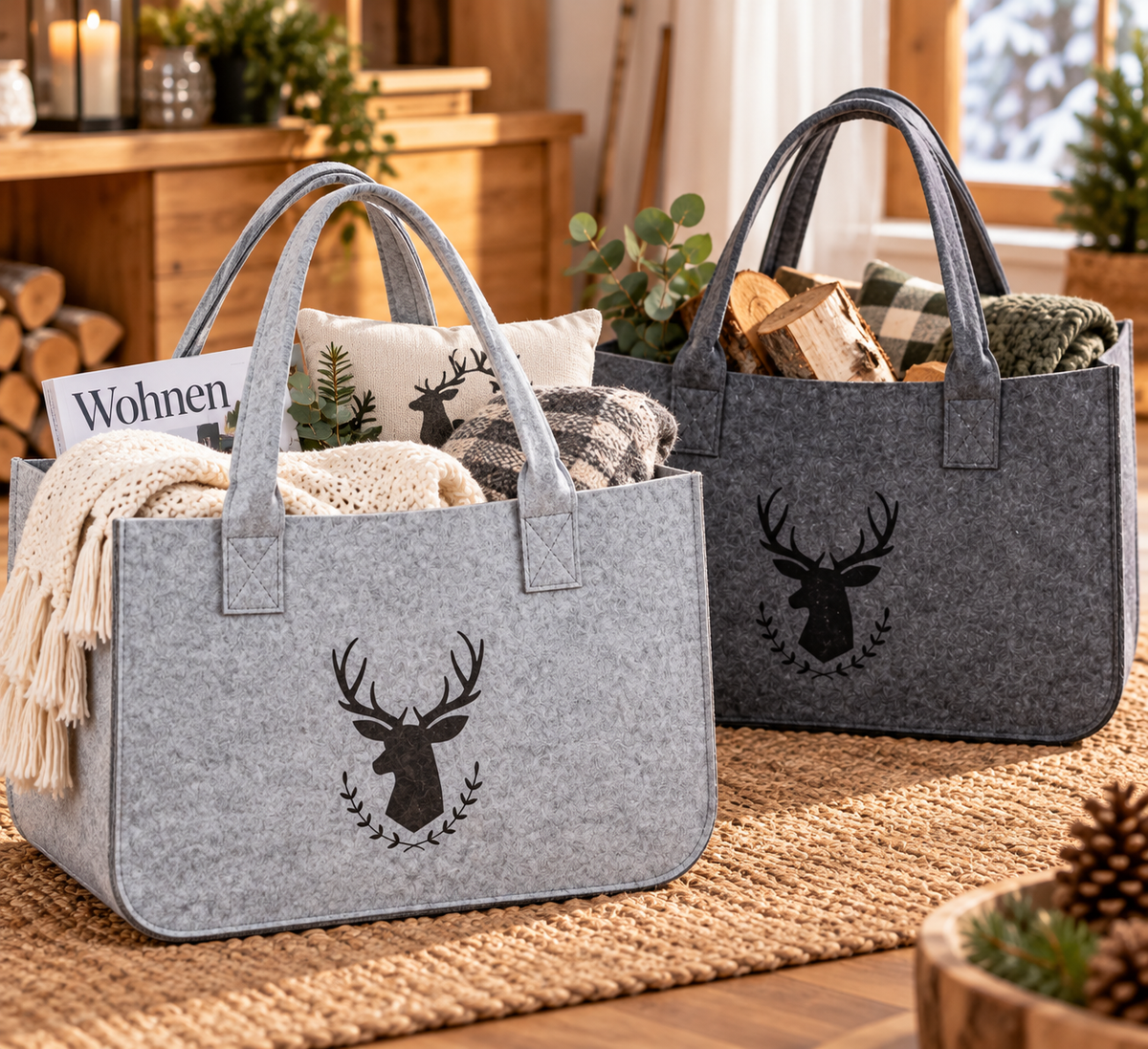 Filztaschen Hirschmotiv Grau 2er Set 45 cm