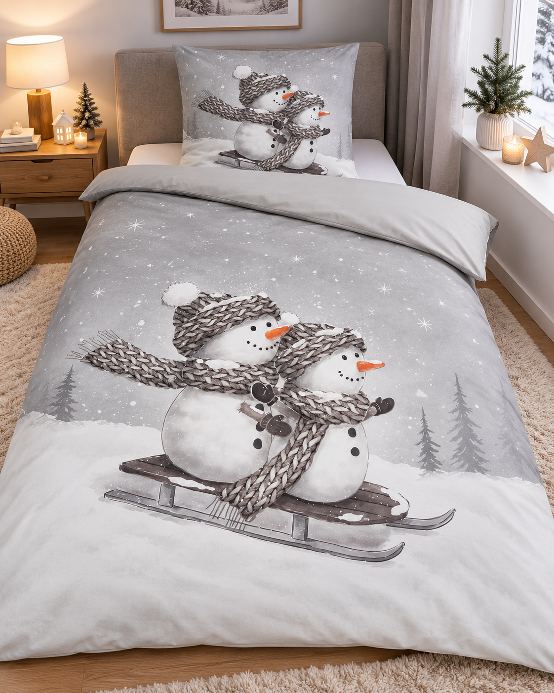Wendebettwäsche Snowy Duo Grau mit Schneemann-Motiv 135 x 200 cm 2-teilig