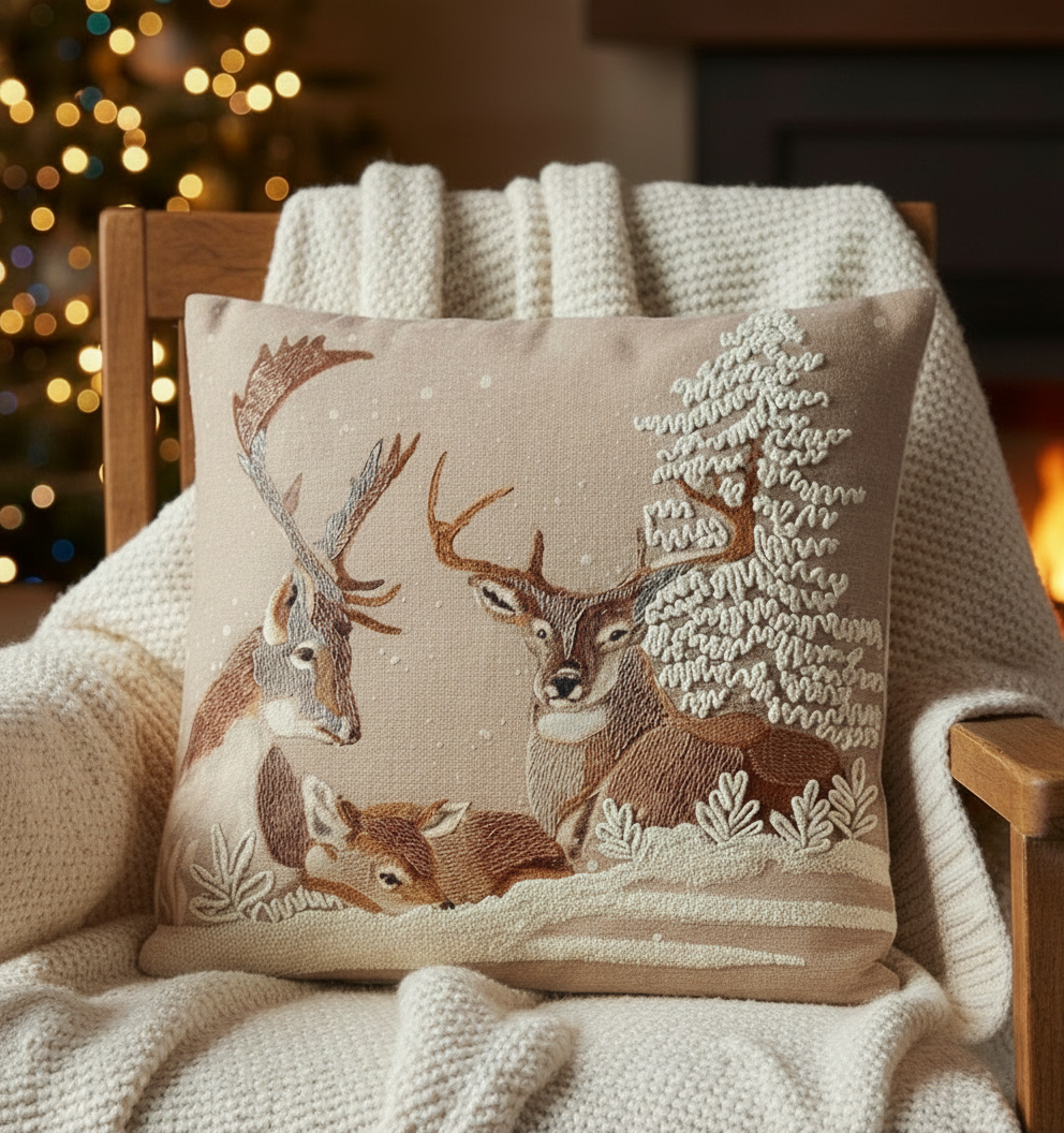 Handgewebtes Sofakissen Feliz mit Hirschmotiv - Winterliches Landhausdesign