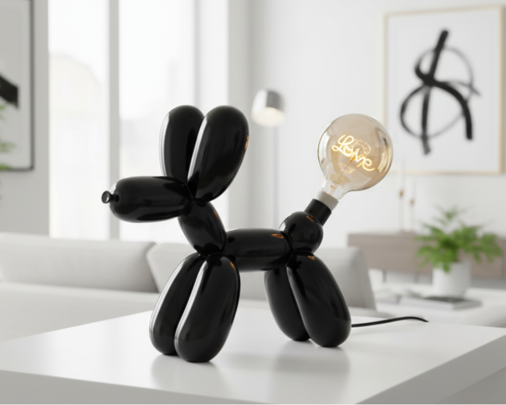 Tischleuchte Ballonhund Elio in Weiß oder Schwarz mit LED Schriftzug Love Home