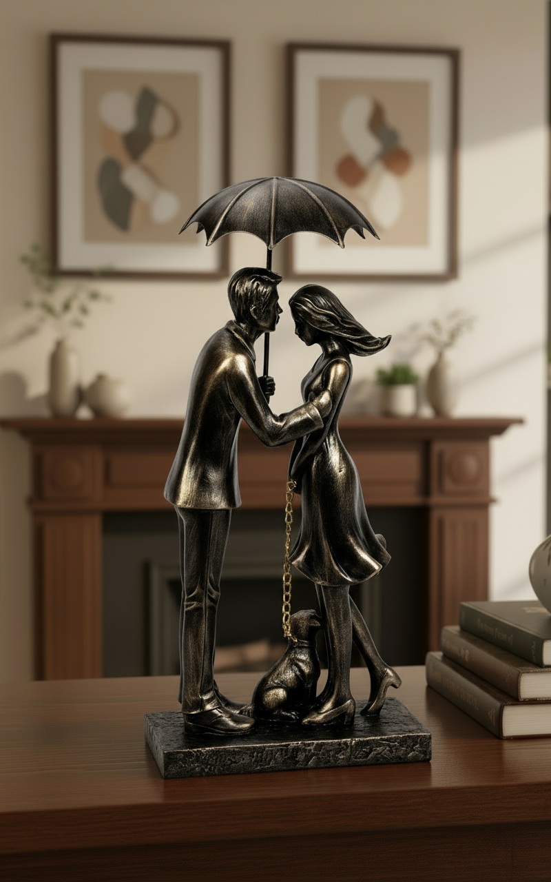 Dekofigur Paar mit Hund unter Regenschirm Gold Schwarz 32cm