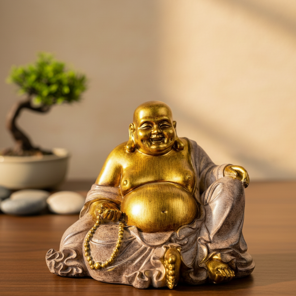 Lachender dicker Buddha Handbemalte Skulptur für Ruhe und Kraft