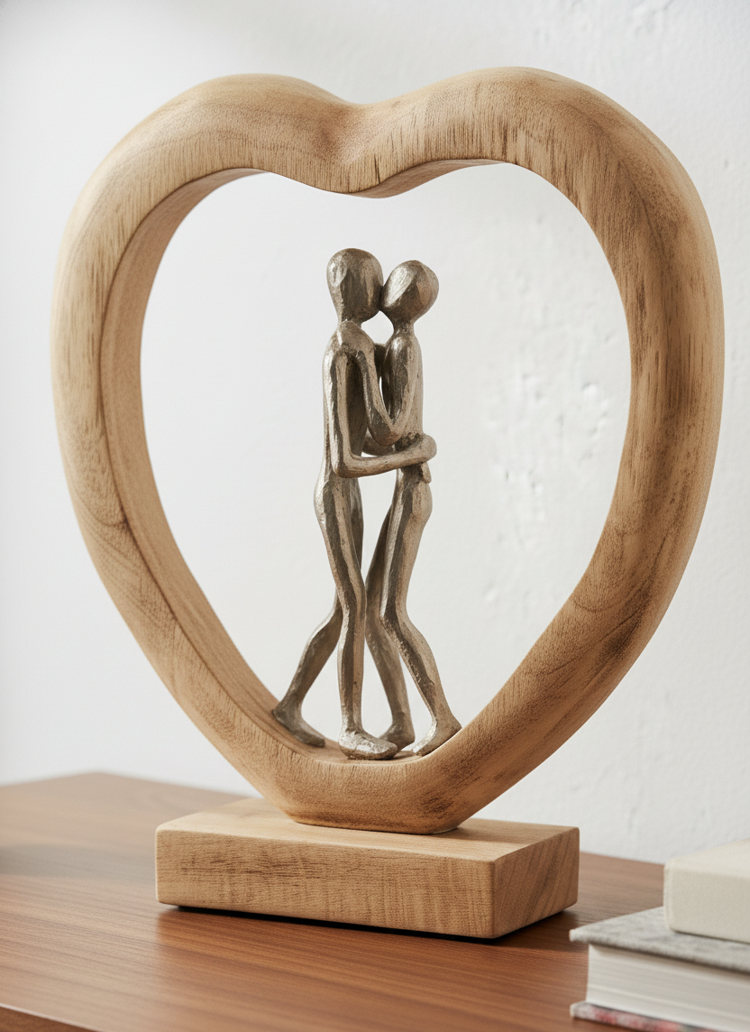 Hugging Couple in Heart Shape - Mango Wood and Aluminum Figure, Perfect Valentine's Day Gift