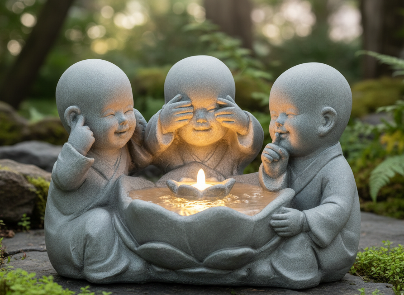 Gartenbrunnen Drei Mönche mit LED Beleuchtung Betongrau wetterfest