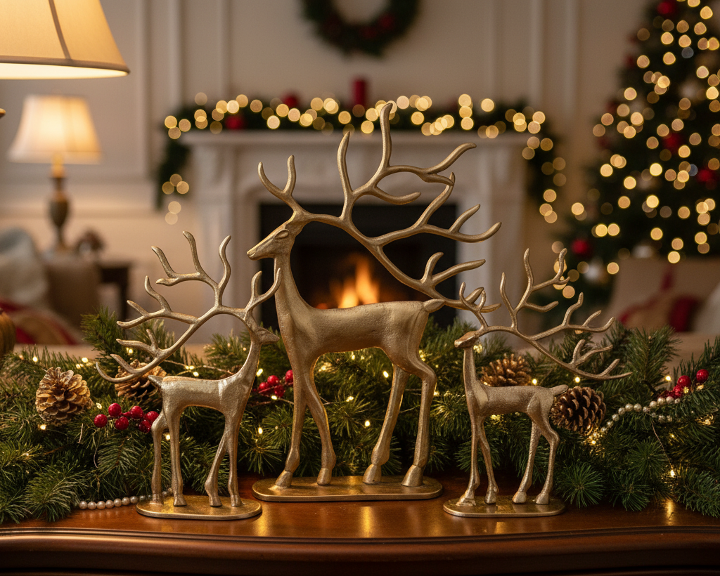 Trollah Hirschfiguren Set Gold Aluminium Deko 3-teilig Weihnachtsdeko