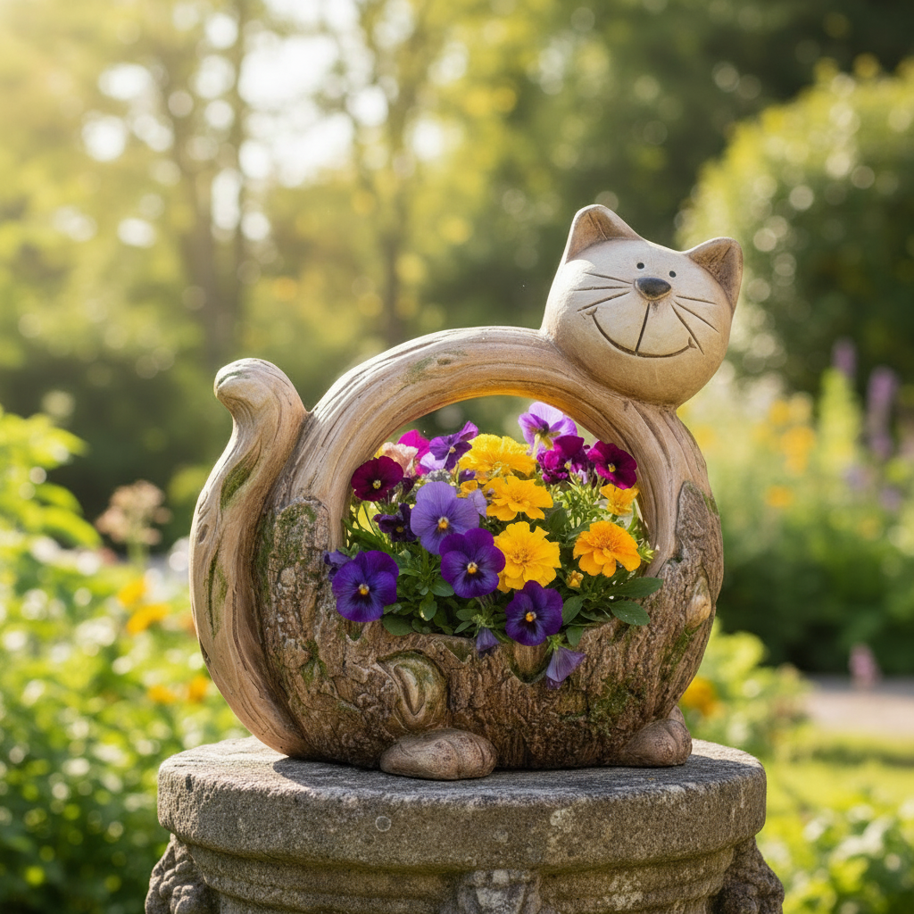 Pflanzgefäß Katze Baumrindenoptik Natur