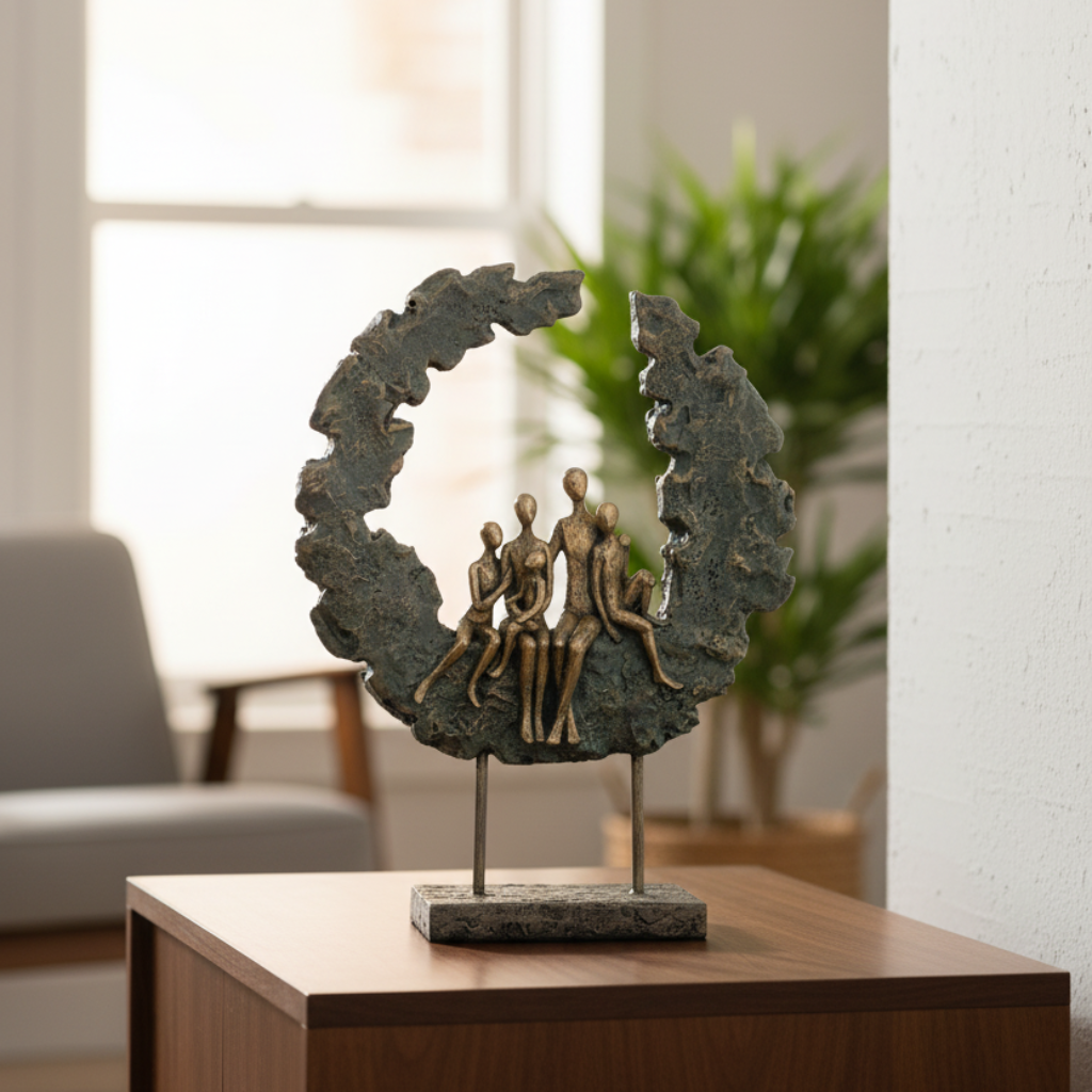 Poly Sculpture "Family" in Green/Antique Gold - Handmade decoration for the home, shelf, desk or sideboard 3 children and parents