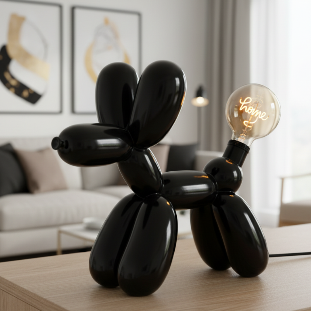 Tischleuchte Ballonhund Elio in Weiß oder Schwarz mit LED Schriftzug Love Home