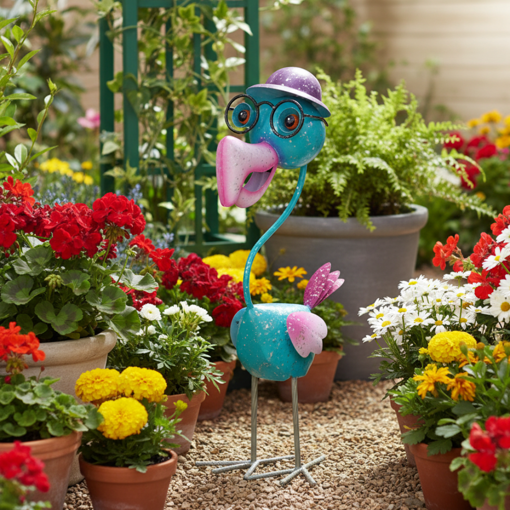 Dekofigur Professor Pico Vogel aus Metall 54cm bunt lila pink