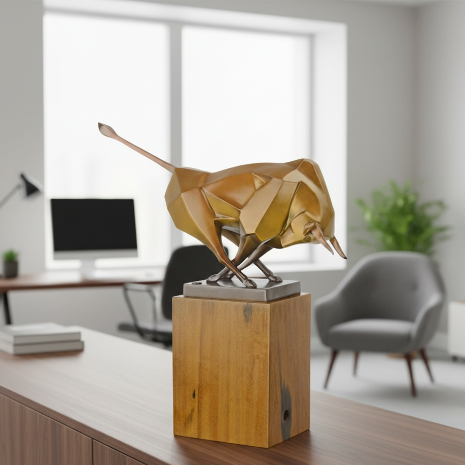 Dekofigur Stier Cubismo Bronze im Kubistischen Stil auf Holzsockel