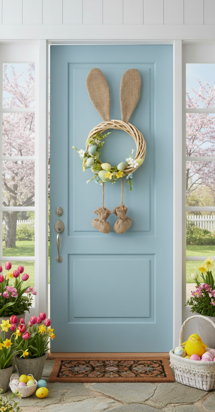 Osterkranz Hase Emil Bunt Dekorativer Türkranz mit Schlenkerbeinen