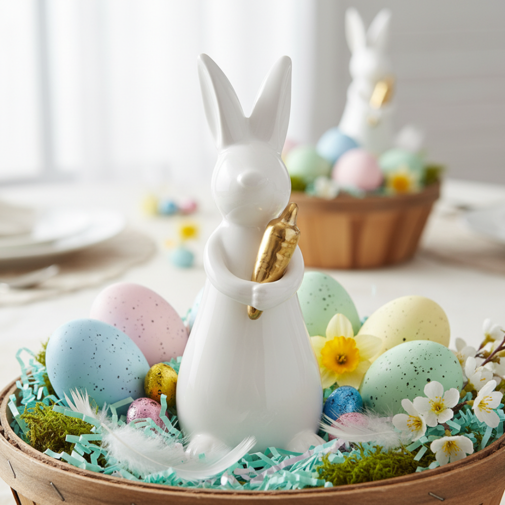 Dekofigur Aurelio Hase Weiß Gold Keramik – handgearbeitet