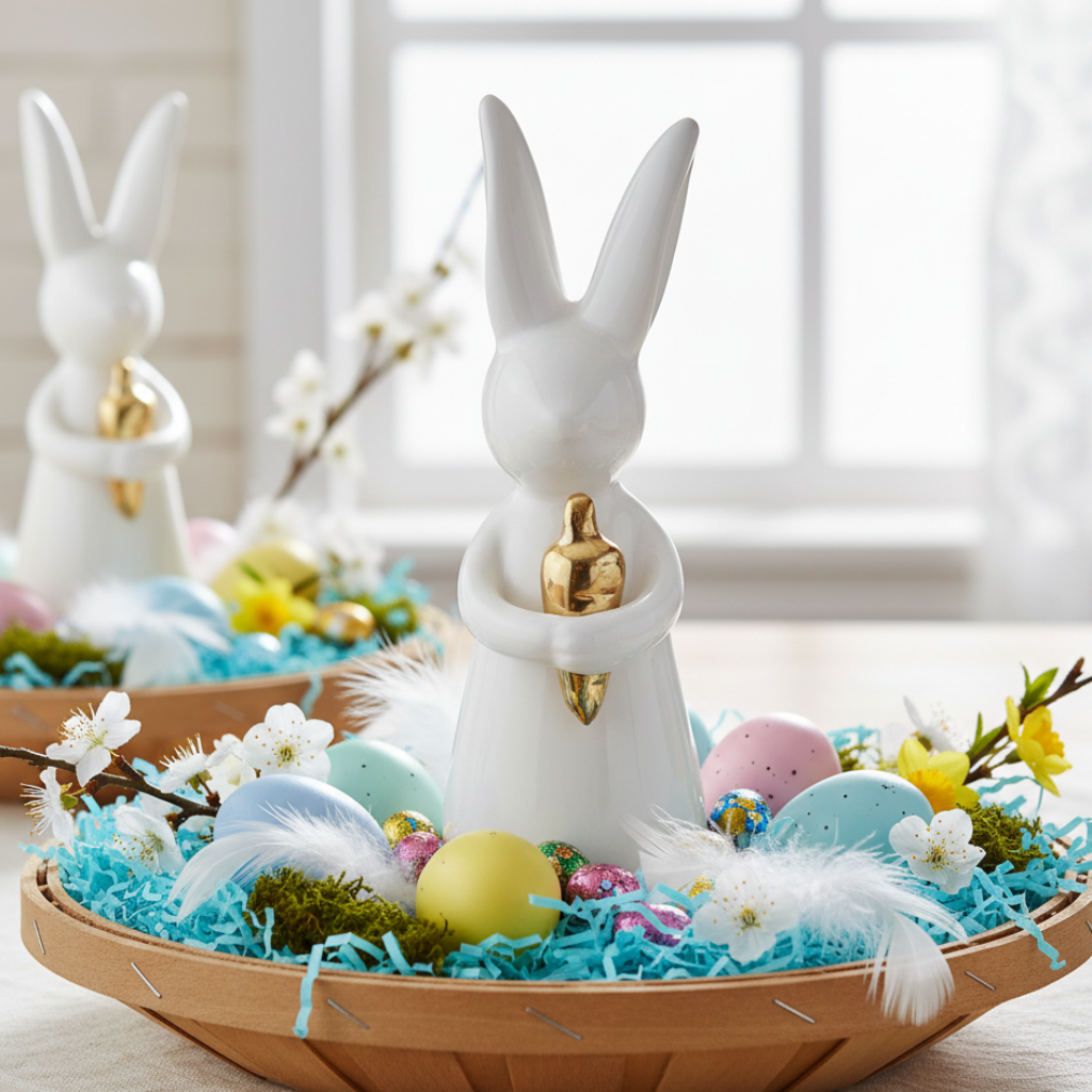 Keramik Deko Hase Hopsi Weiß Gold Handarbeit