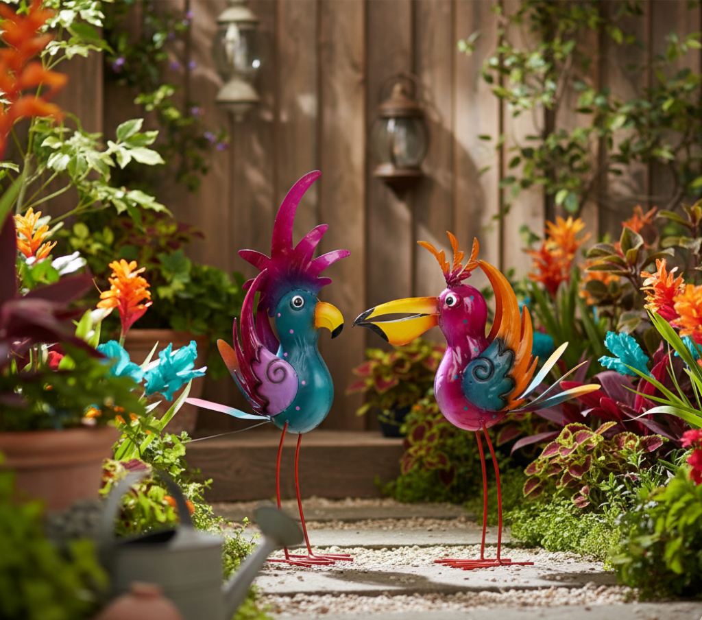 Gartendeko Figuren Metall Vögel bunt 2er Set Lireno