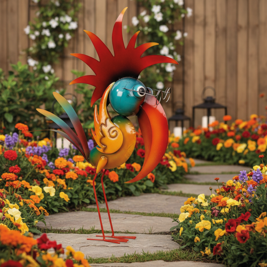 Gartendeko Metall Vogel bunt stehend Arvilo 57 cm