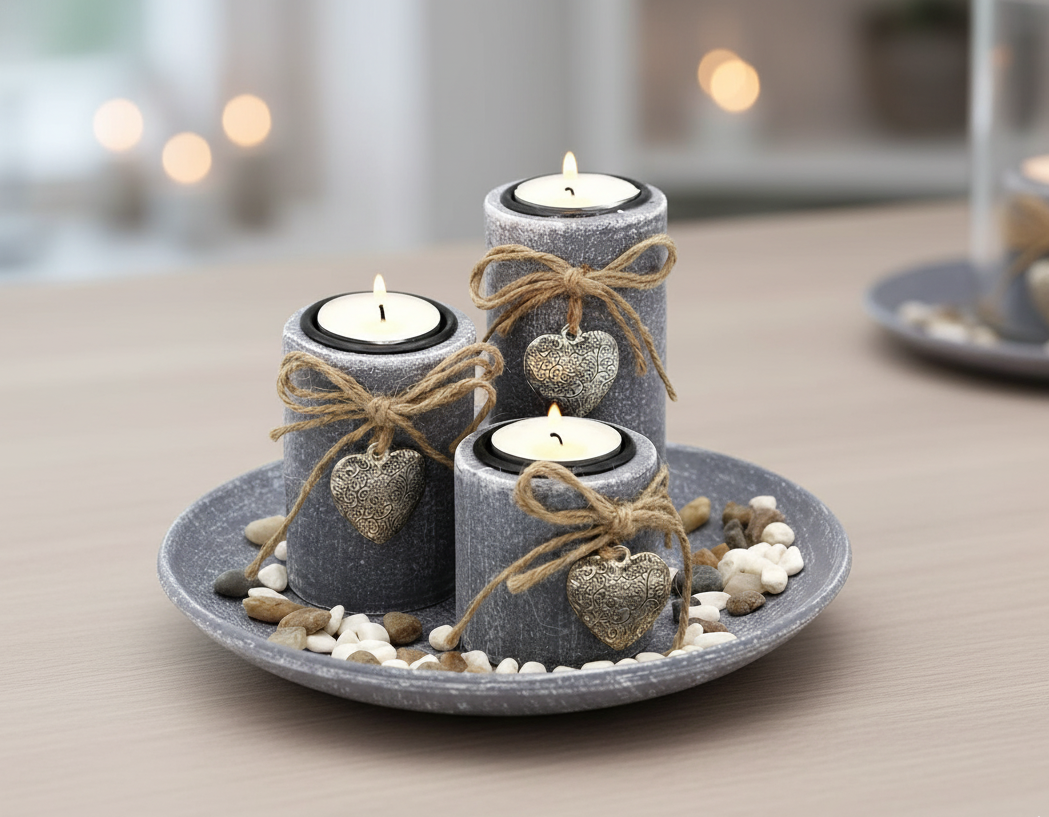 Teelichthalter Set Livia Grau mit Herzdeko auf Dekoteller