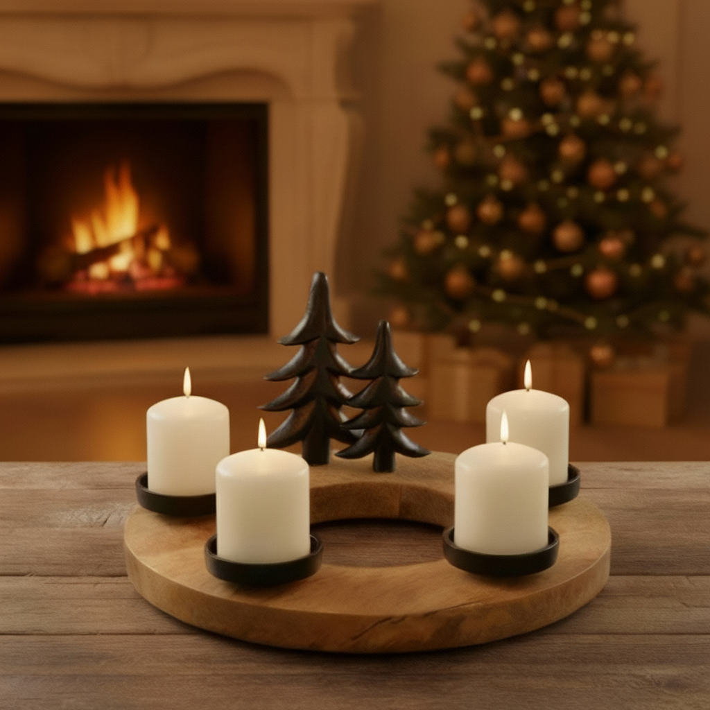 Adventskranz Winterwald Rund aus Holz und Metall 30 cm Rund