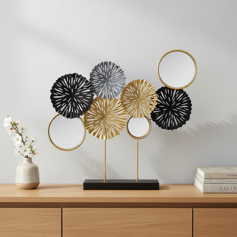 Stunning Metal Table Centerpiece with Mirror - Gold &amp; Black, Floral Motifs, 40x43cm, Perfect for Living Areas