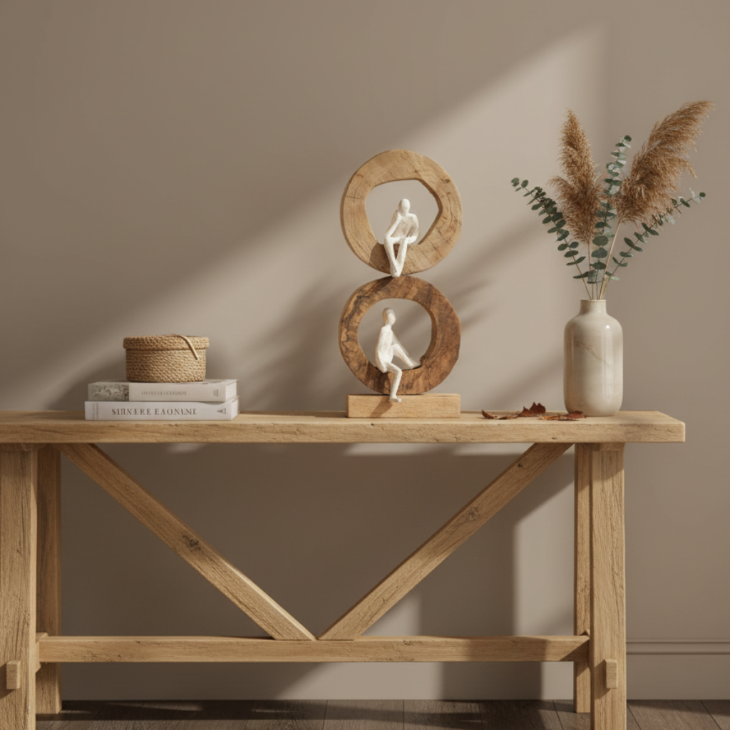 Sculptuur "Double Thinker Rings" - Mangoboom/Natuurlijk Aluminium/Wit