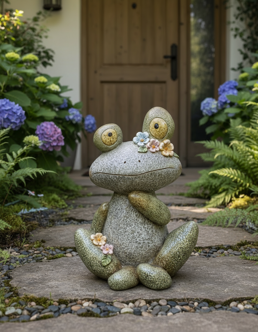 Dekofigur Steinfrosch Lotti mit Blumen aus Magnesia 33cm