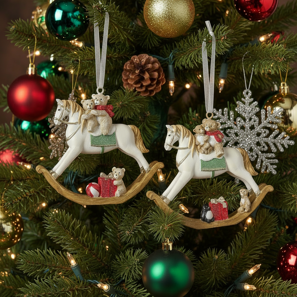 Weihnachtsanhänger Teddypferdchen 2er Set Schaukelpferd mit Bären