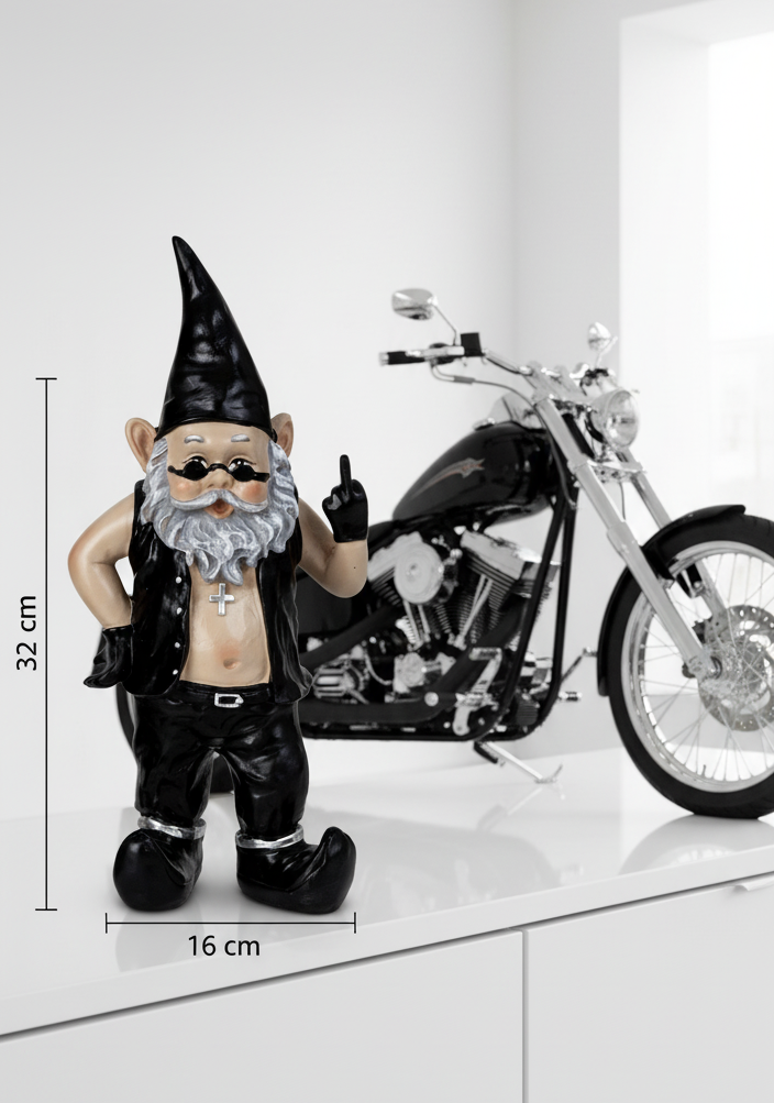 Dekofigur Rockerzwerg Klaus mit Stinkefinger aus Polyresin 32cm