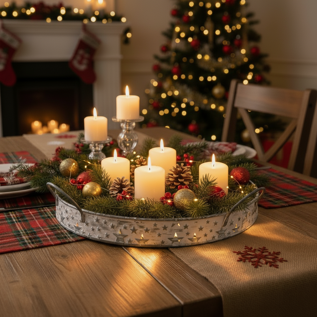 Deko Tablett Stephanus Metall Rund Grau Weiß mit Sternen Weihnachtsdekoration