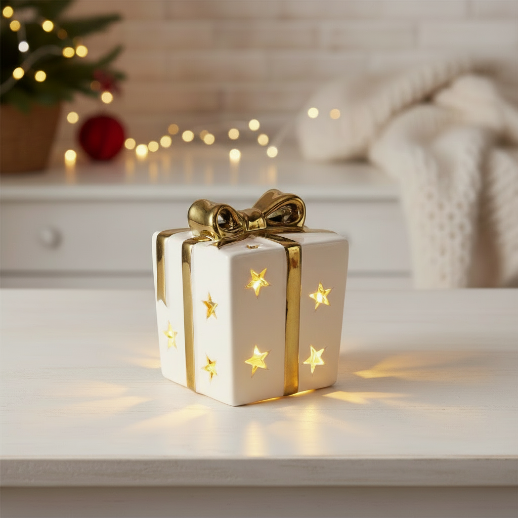 LED Deko Geschenkbox Elina Keramik Weiß Gold Geschenkform