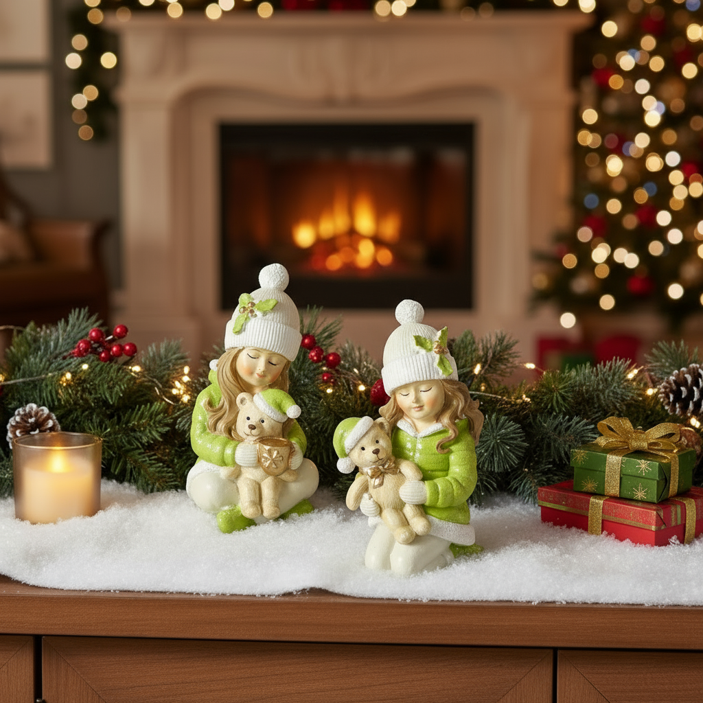 Weihnachtsdeko Figur Maren 2er Set Mädchen mit Teddybär Handbemalt