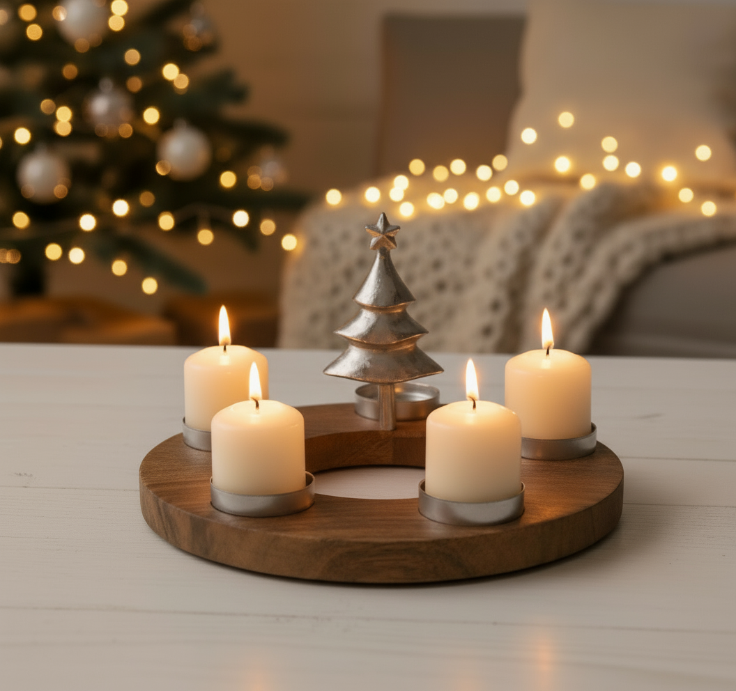 Teelichthalter Sorrest Holz Metall Adventskranz Rund Silber Natur