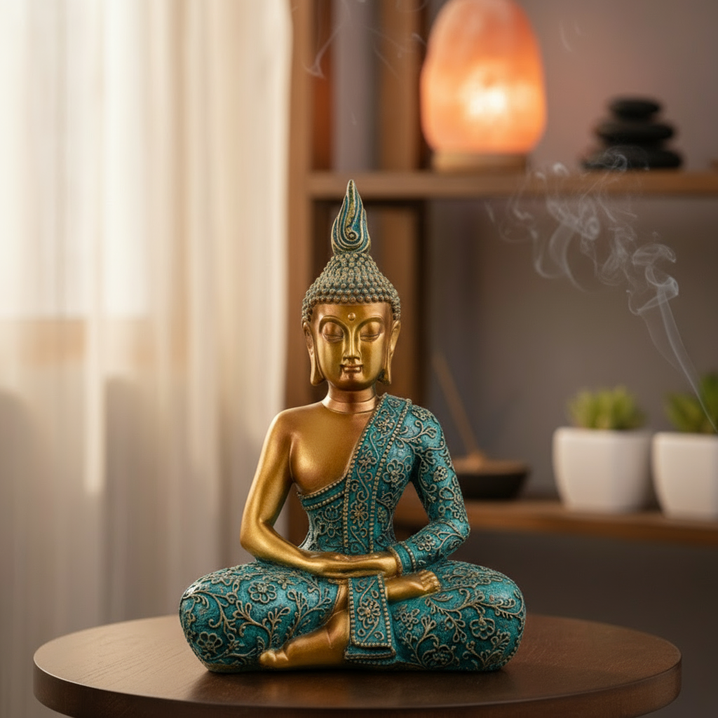 Buddha Statue Gelassenheit Mintgruen Gold Polyresin 25cm