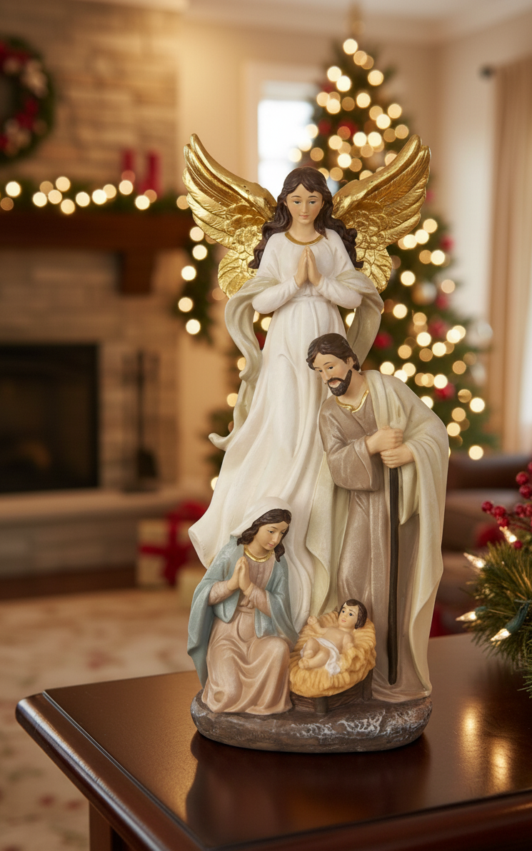 Krippenfigur Heilige Familie mit Engel 20cm Polyresin Weihnachtsdeko