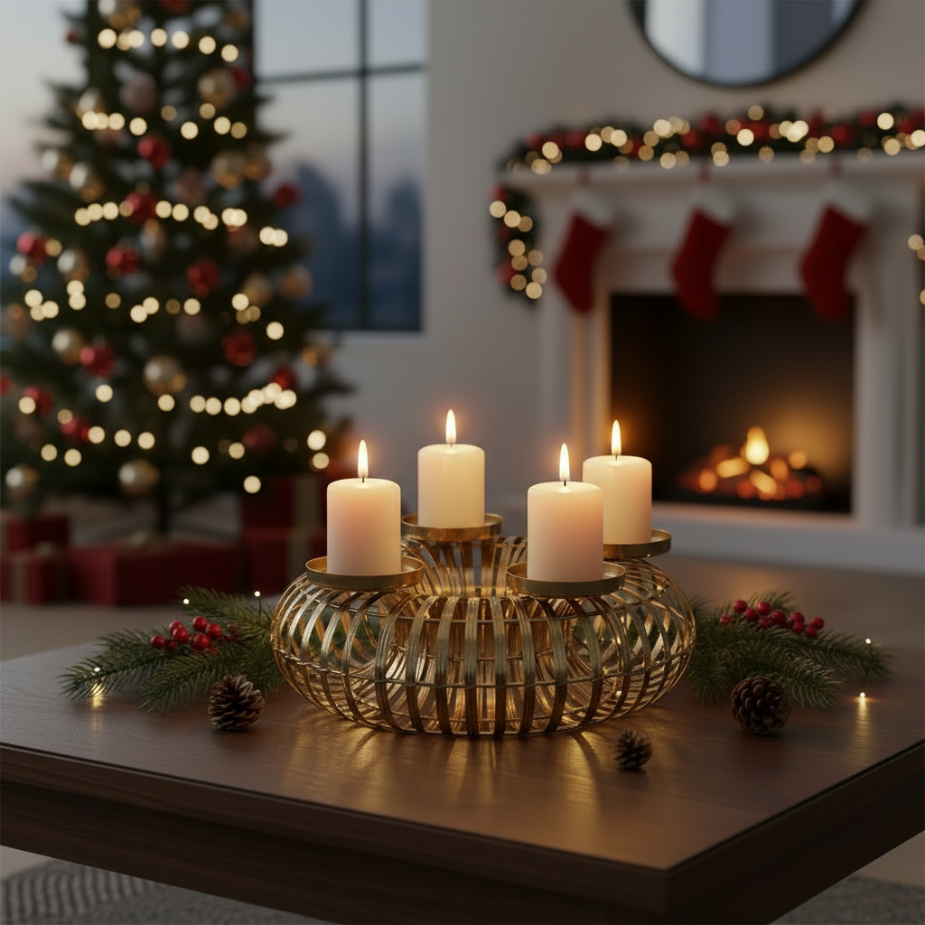 Glori Adventsglanz Kerzenleuchter Gold 4-flammig 32cm Metall Handgefertigt