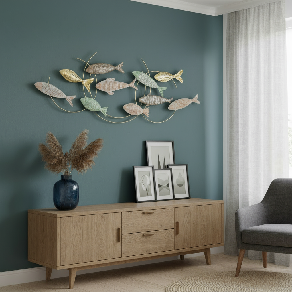 Wanddeko Ocean Drift Fische Metall Wandobjekt Maritim Handgemalt 125cm