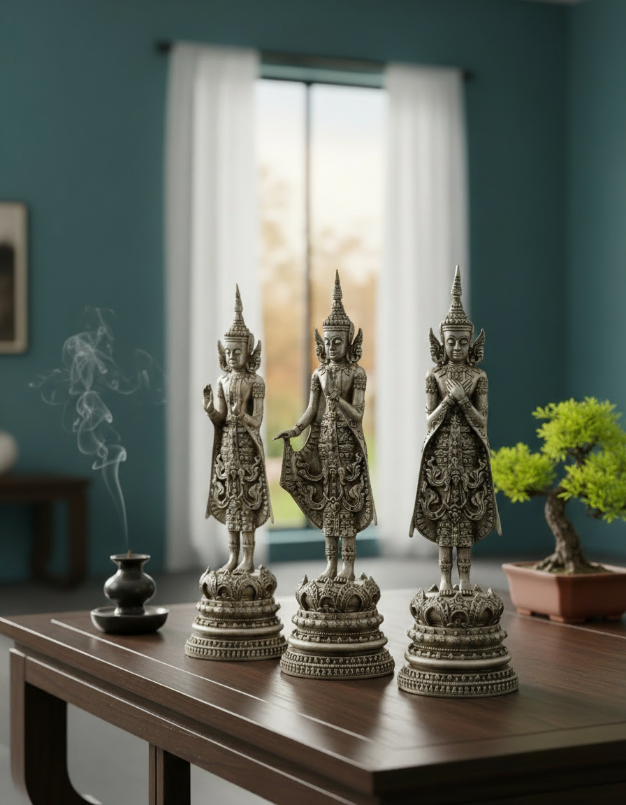 Buddha Trio Seraphina Silber Polyresin 3er Set Dekofiguren 43cm