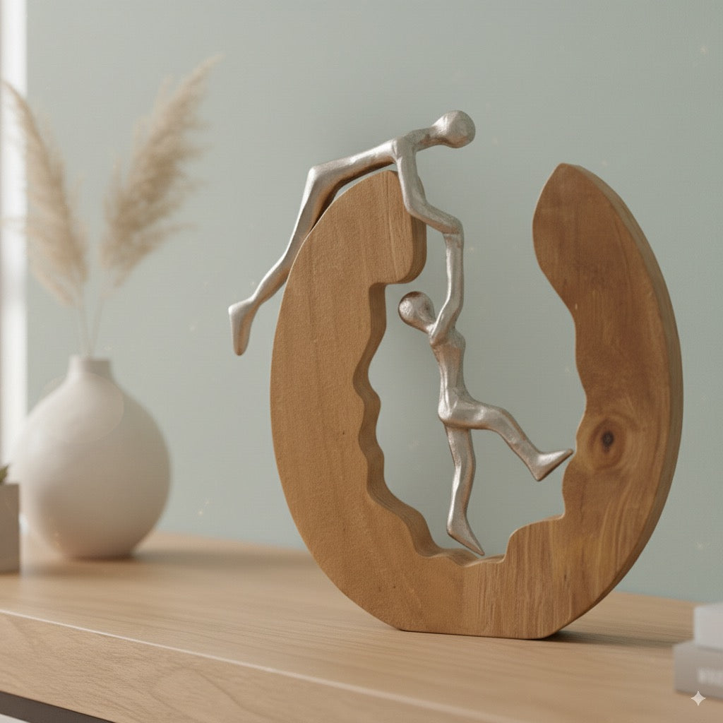 Skulptur Kletterndes Paar Zusammenhalt im Holzring Silber 31cm