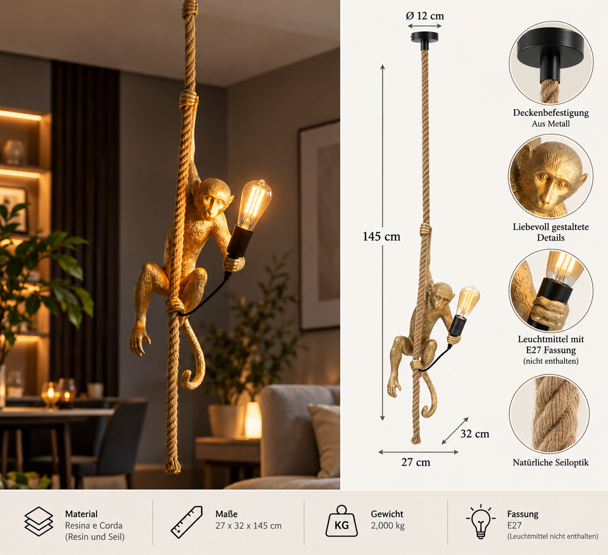 Hängeleuchte Monkey Gold Affe am Seil 145 cm