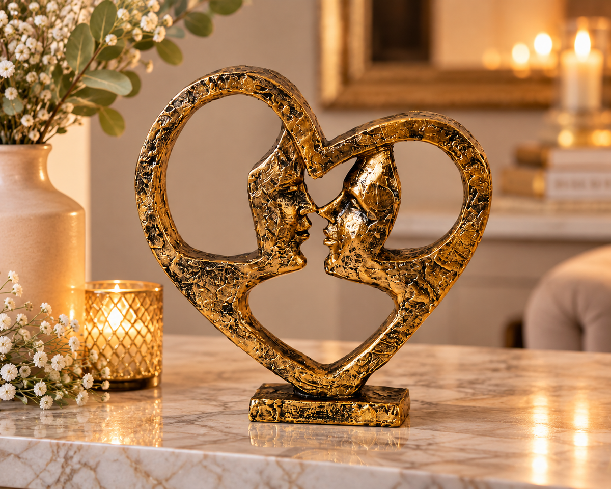 Skulptur Ewige Liebe Gold mit Herz und Gesichtern 21 cm