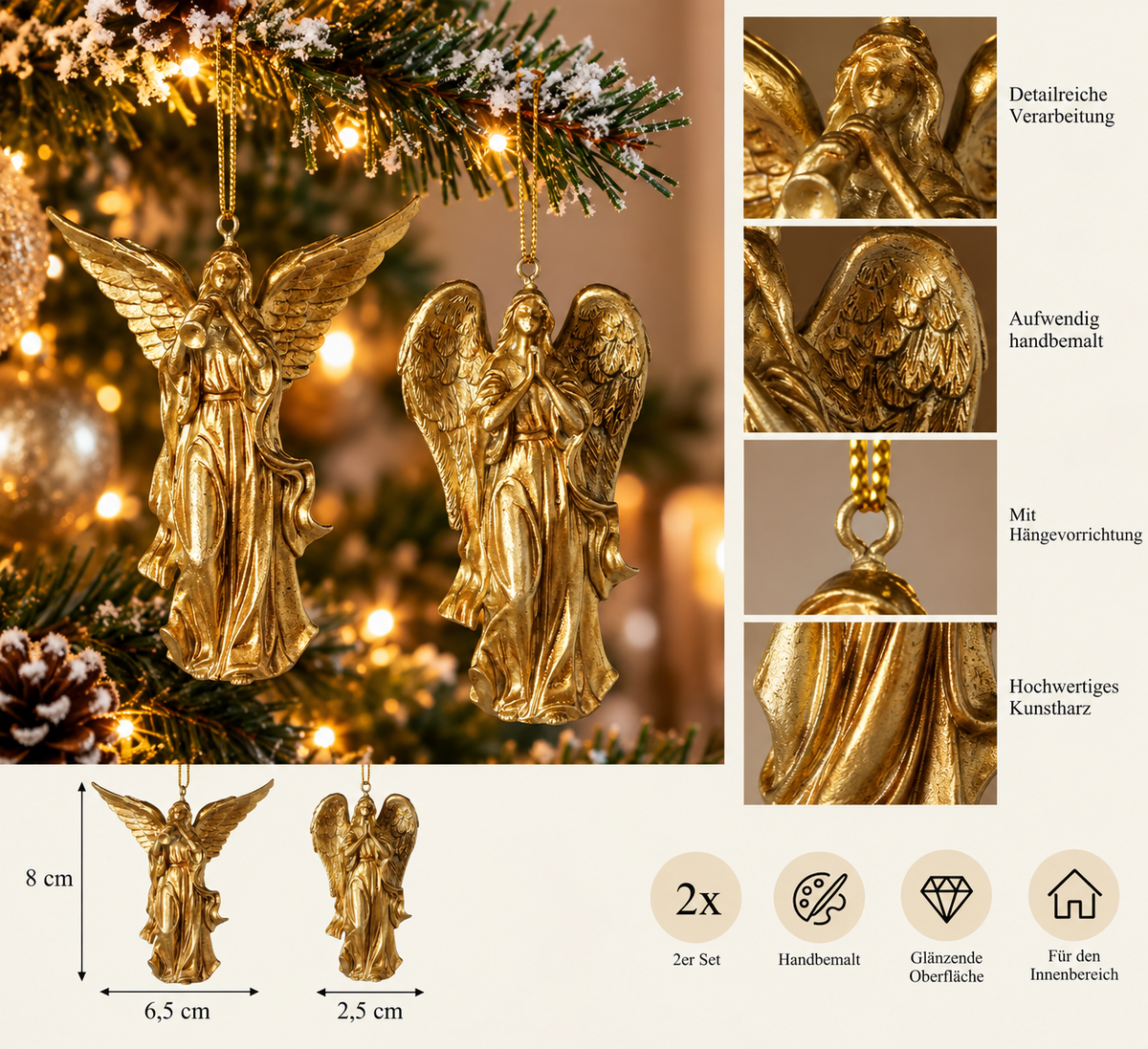 Weihnachtsanhänger Lionetta Engel gold 8 cm 2er Set