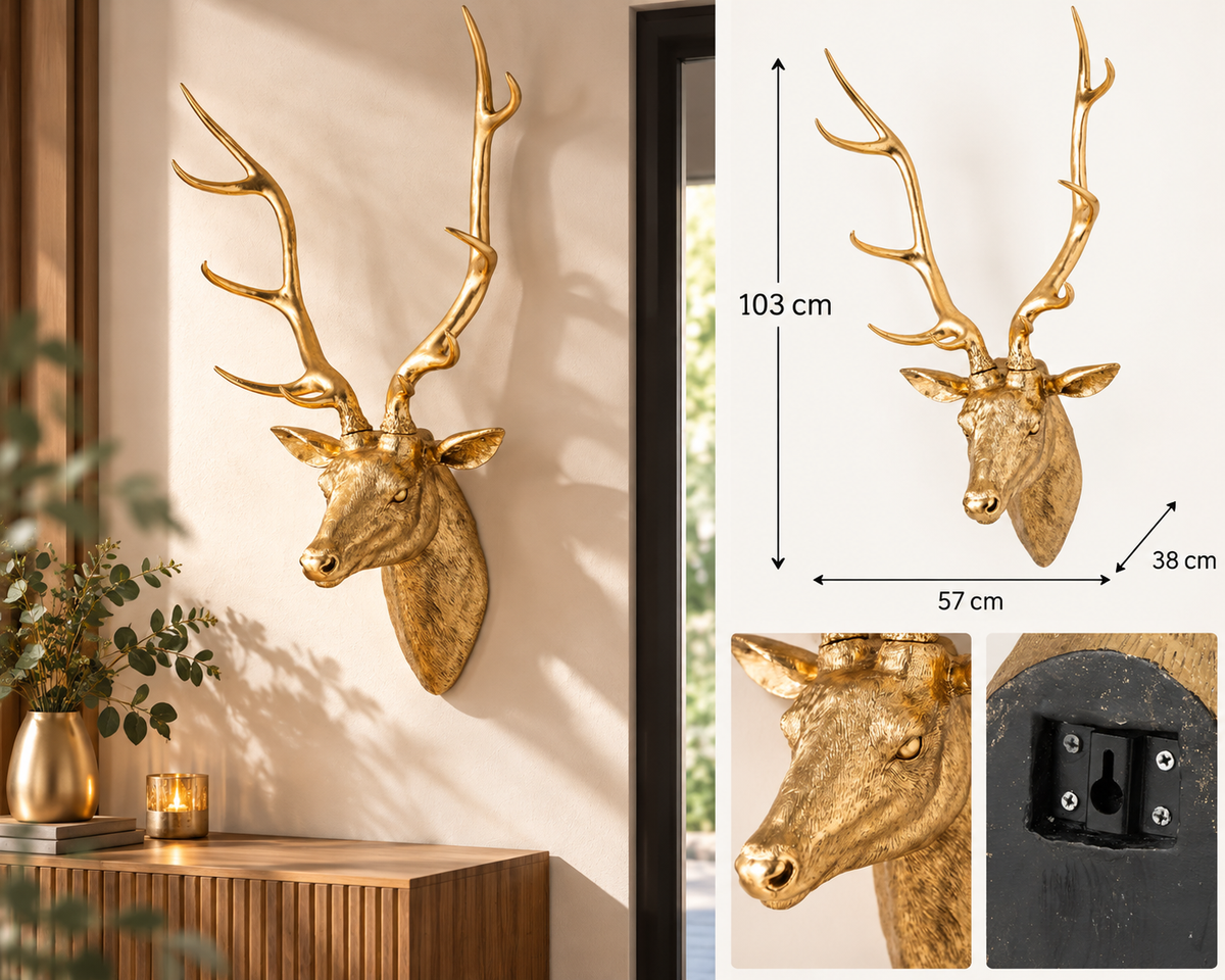 Wanddeko Hirschkopf Gold mit Geweih 103 cm