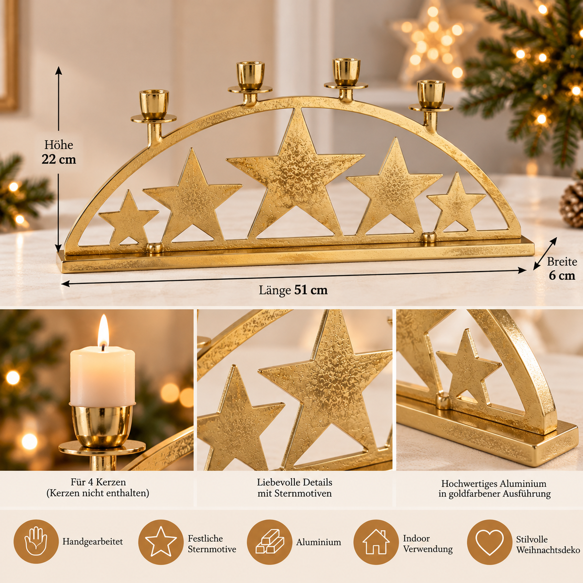 Adventskerzenhalter Sternenglanz Gold mit 5 Sternen 51 cm