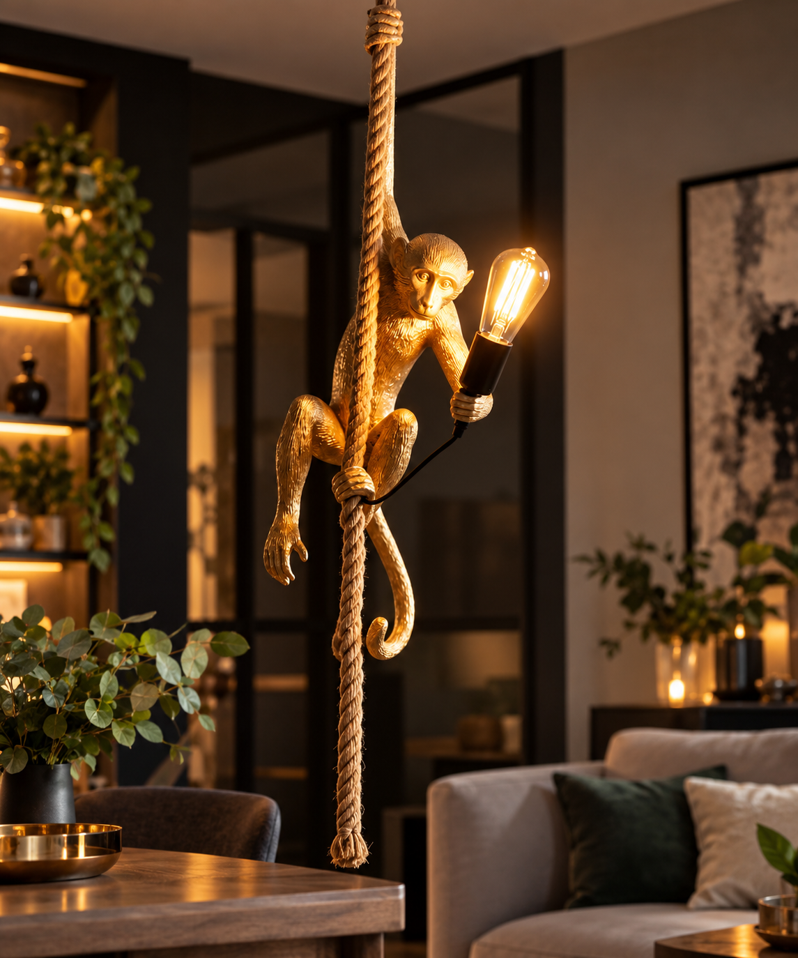Hängeleuchte Monkey Gold Affe am Seil 145 cm