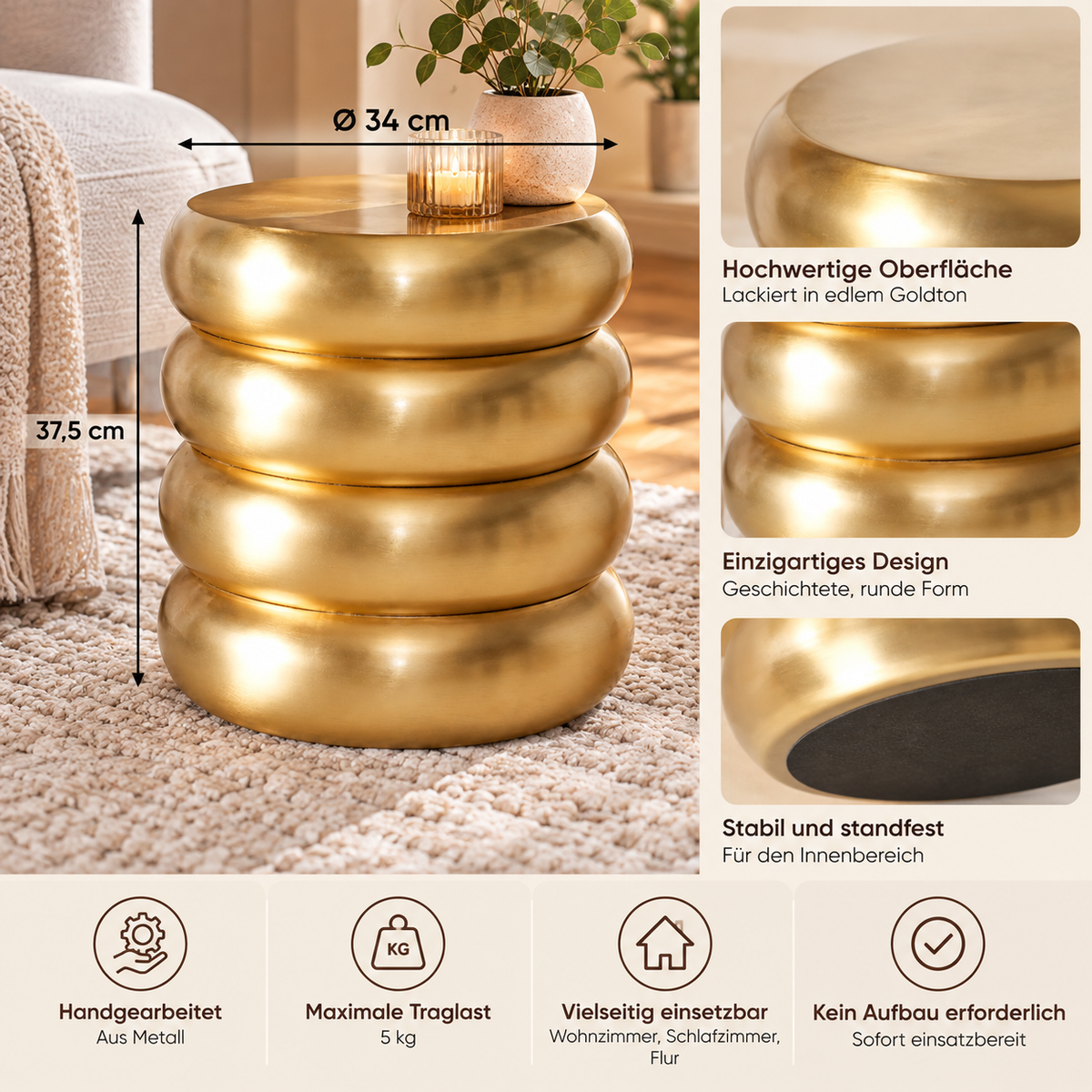 Beistelltisch Lior rund Gold 37,5 cm