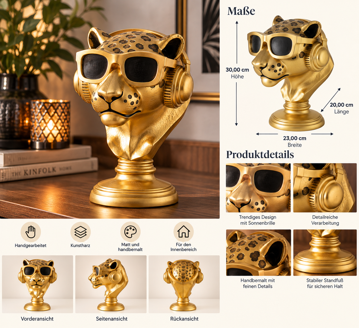 Dekoaufsteller Reilly Leopard mit Kopfhörer und Sonnenbrille gold 30 cm