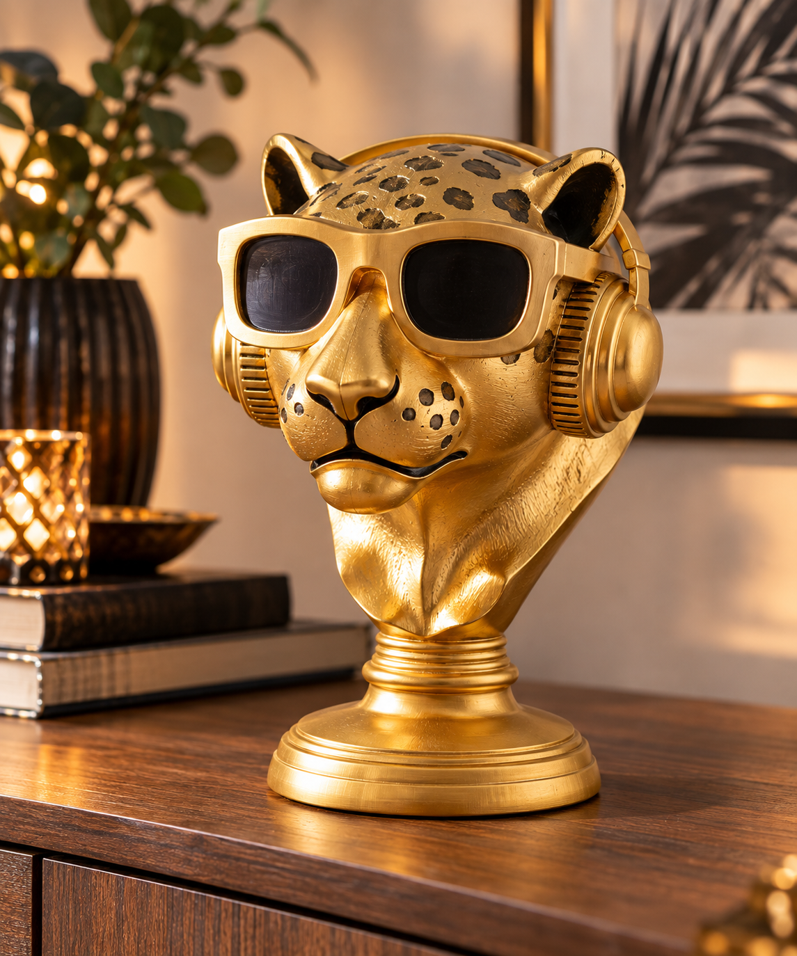 Dekoaufsteller Reilly Leopard mit Kopfhörer und Sonnenbrille gold 30 cm