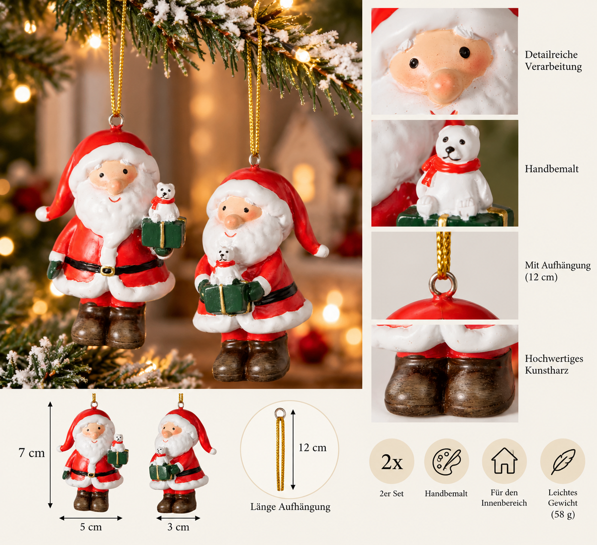 Weihnachtsanhänger Clemo Weihnachtsmann 2er Set rot grün 7 cm